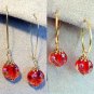 Handmade Round Red Lampwork Glass Bead with Pink Flower Gold Tone Drop Earrings