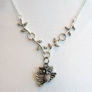 Silver Owl Bird on Leaf Branch Pendant Handmade Necklace