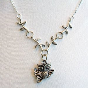 Silver Owl Bird on Leaf Branch Pendant Handmade Necklace