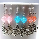 Crackle Glass Beads & Flower Earrings - Red, Pink or Blue