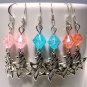 Crackle Glass Beads & Flower Earrings - Red, Pink or Blue