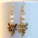 Handmade Gold Tone Fairy Angel with Pearls Beaded Dangle Earrings