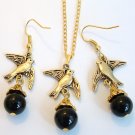 Gold Tone Dove Bird w/ Black Onyx Earrings Necklace Set