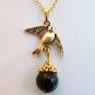 Gold Tone Dove Bird w/ Black Onyx Earrings Necklace Set