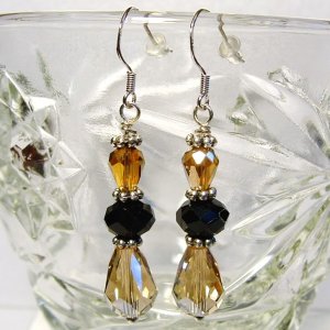 Sterling Silver Amber Black Brown Swarovski Crystals Handmade Earrings