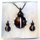 Black Ladybug Lampwork Glass Pendant Necklace & Earrings Set