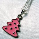 Pink Enamel Christmas Tree Pendant Silver Tone Handmade Necklace