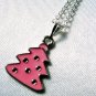 Pink Enamel Christmas Tree Pendant Silver Tone Handmade Necklace