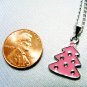 Pink Enamel Christmas Tree Pendant Silver Tone Handmade Necklace