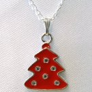 Red Enamel Christmas Tree Pendant Silver Tone Handmade Necklace
