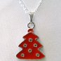 Red Enamel Christmas Tree Pendant Silver Tone Handmade Necklace