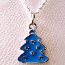 Blue Enamel Christmas Tree Pendant Silver Tone Handmade Necklace