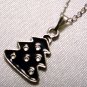 Black Enamel Christmas Tree Pendant Silver Tone Handmade Necklace