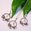 Handmade Silver Flower w/ Crystal Earrings Necklace Set
