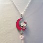 Handmade Hello Kitty on Pink Moon and Crystal Pendant Silver Necklace