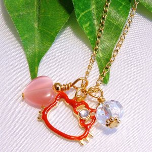 Red Hello Kitty Face Crystal Pendant Gold Handmade Necklace