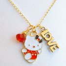 Handmade Hello Kitty Love Red Crystal Pendant Gold Necklace