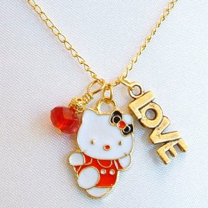 Handmade Hello Kitty Love Red Crystal Pendant Gold Necklace