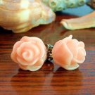 Handmade Rose Bud Post Earrings Studs - Peach Pink