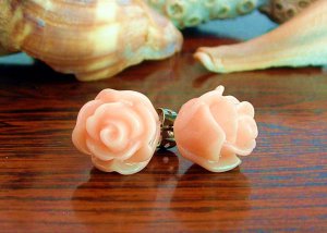 Handmade Rose Bud Post Earrings Studs - Peach Pink