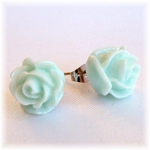 Handmade Rose Bud Post Earrings Studs - Pastel Light Green