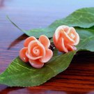 Salmon Pink Rose Flower Post Earrings Studs Handmade