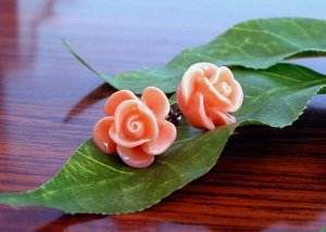 Salmon Pink Rose Flower Post Earrings Studs Handmade