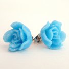 Light Blue Rose Flower with Glitter Post Earrings Studs Handmade