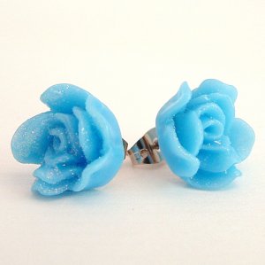 Light Blue Rose Flower with Glitter Post Earrings Studs Handmade