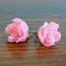 Pink Rose Flower with Glitter Post Earrings Studs Handmade