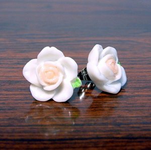 White with Pale Pink Core Flower Post Stud Handmade Earrings