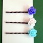 Handmade Mixed Rose Flower Bobby Pins Hair Pins Trio - Pale Pink Purple Blue