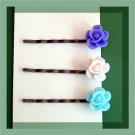 Handmade Mixed Rose Flower Bobby Pins Hair Pins Trio - Pale Pink Purple Blue