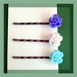 Handmade Mixed Rose Flower Bobby Pins Hair Pins Trio - Pale Pink Purple Blue