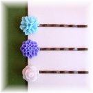 Handmade Blue Purple Pale Pink Mixed Flower Bobby Pins Hair Pins Trio
