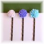 Handmade Blue Purple Pale Pink Mixed Flower Bobby Pins Hair Pins Trio