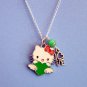 Handmade Hello Kitty with Green Heart and LOVE Pendant Silver Necklace