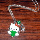 Handmade Hello Kitty with Green Heart and LOVE Pendant Silver Necklace