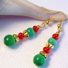 Green Cats Eye with Red Gold Beads Christmas Earrings