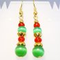 Green Cats Eye with Red Gold Beads Christmas Earrings