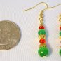 Green Cats Eye with Red Gold Beads Christmas Earrings