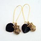 Gold Owl Bird with Black Glass Leaf on Kidney Wire Handmade Earrings