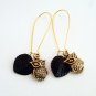 Gold Owl Bird with Black Glass Leaf on Kidney Wire Handmade Earrings