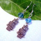 Silver Owl Bird with Blue Swarovski Crystals Earrings