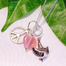 Dove Bird Peace Sign Charms w/ Pink Heart Sterling Silver Handmade Necklace