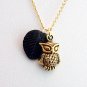 Gold Owl Bird with Black Glass Leaf Handmade Necklace