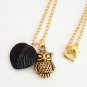 Gold Owl Bird with Black Glass Leaf Handmade Necklace
