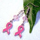 Pink Ribbon Breast Cancer Awareness Charm w/ Crystal Sterling Handmade Earrings