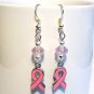 Pink Ribbon Breast Cancer Awareness Charm w/ Crystal Sterling Handmade Earrings