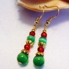 Green Cats Eye with Red Gold Beads Handmade Earrings